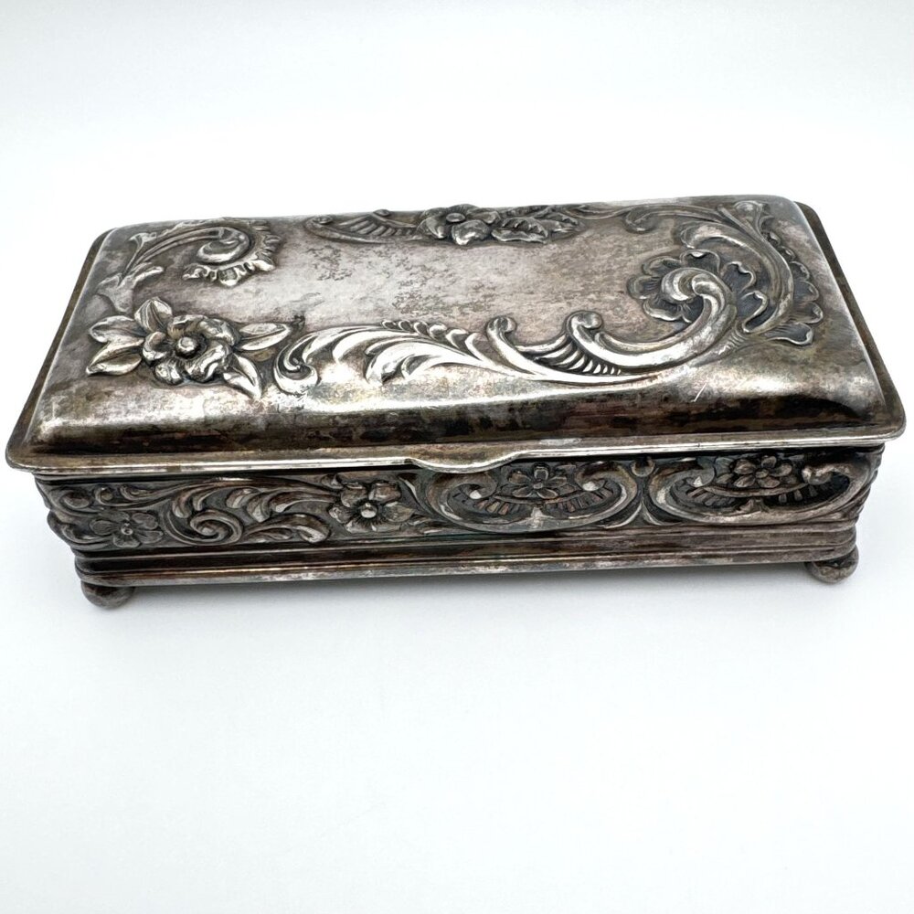 Wilcox Silver Plate Gilt Trinket Box Rectangular Jewelry Floral Embossed Hinged